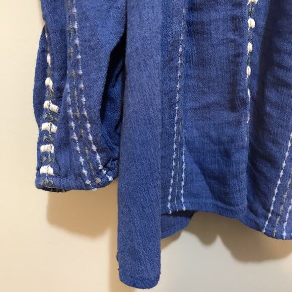 J. Jill Shirt Womens Size L large long sleeve Blue Embroidered Peasant Blouse - Picture 3 of 6